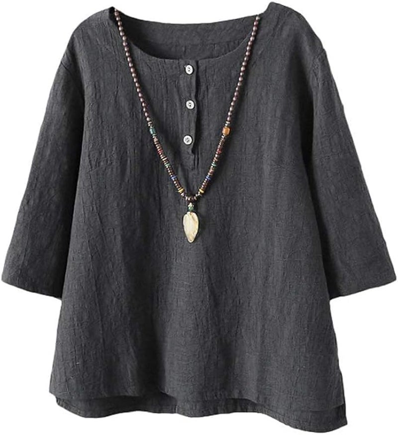 Minibee Women's 3/4 Sleeve Cotton Linen Jacquard Blouses Top T-Shirt (L, Gray) - Image 1
